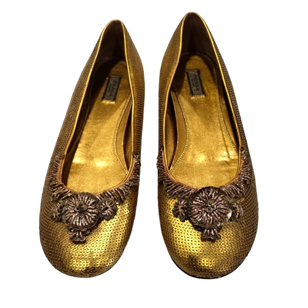 EUC Prada Authentic women's gold floral beaded glittery sequins slip-on flat 8.5